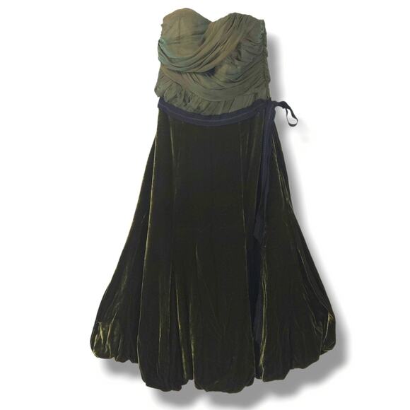 Vera Wang Strapless Ruched Silk Bodice Velvet Bubble Hem Dress Olive Green 2 NWT - Picture 2 of 7